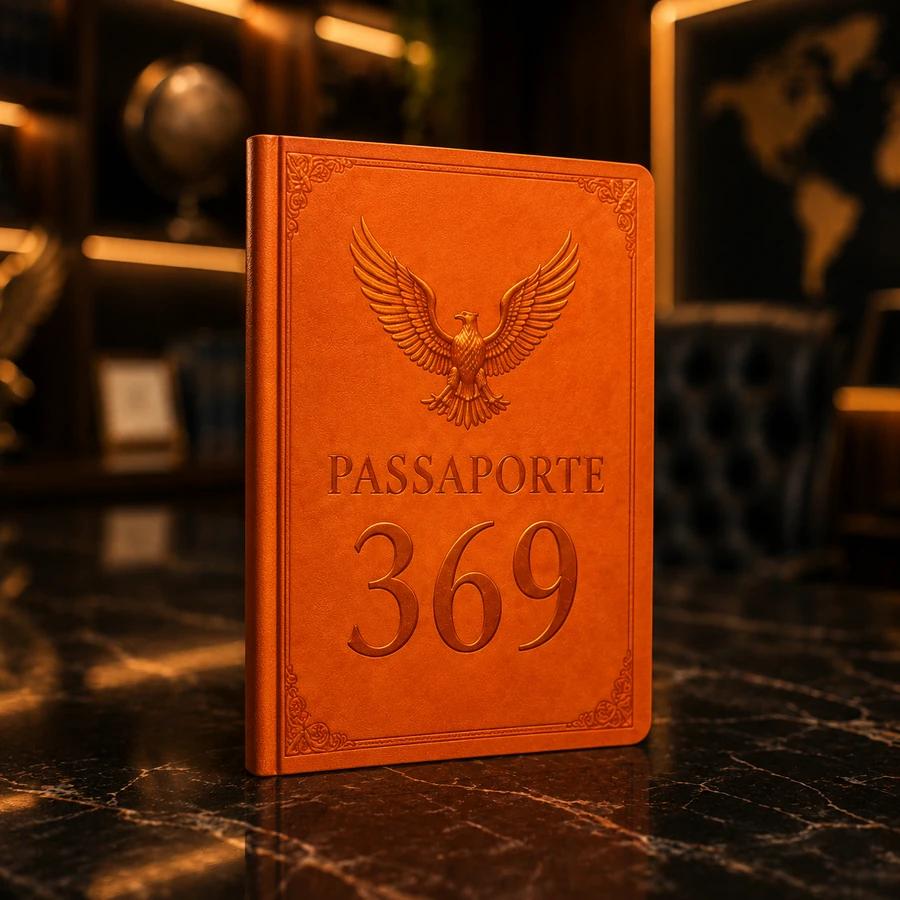 Passaporte 369 físico, capa laranja com águia dourada em relevo, sobre uma bancada de mármore